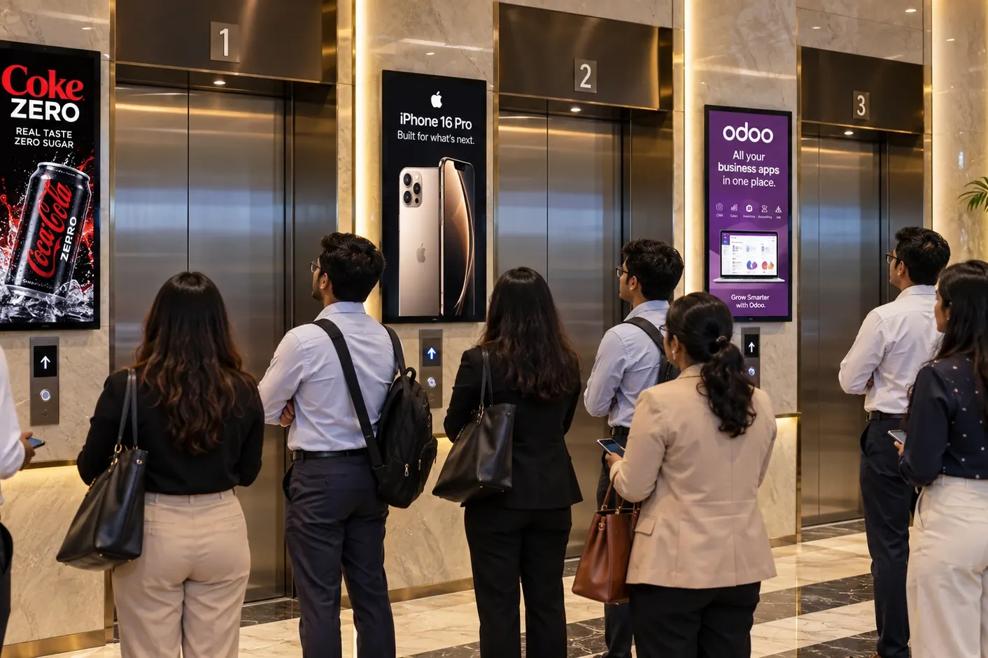 Office workers waiting at a lift lobby with three vertical digital screens on the wall