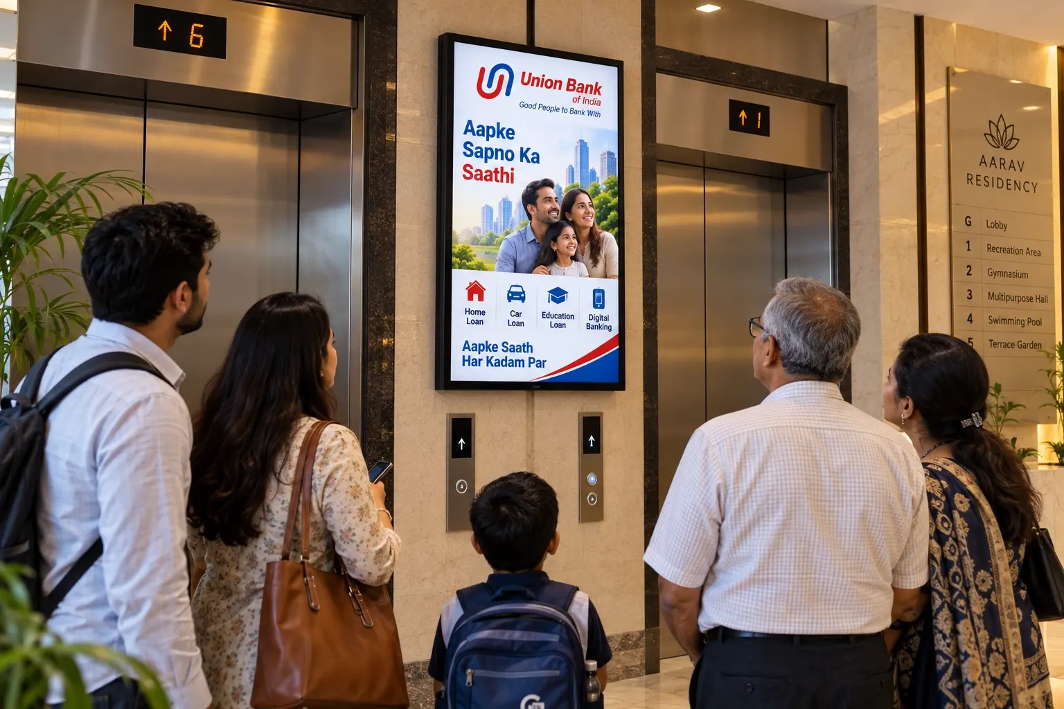 A family looking at a digital screen between the lifts of a residential building