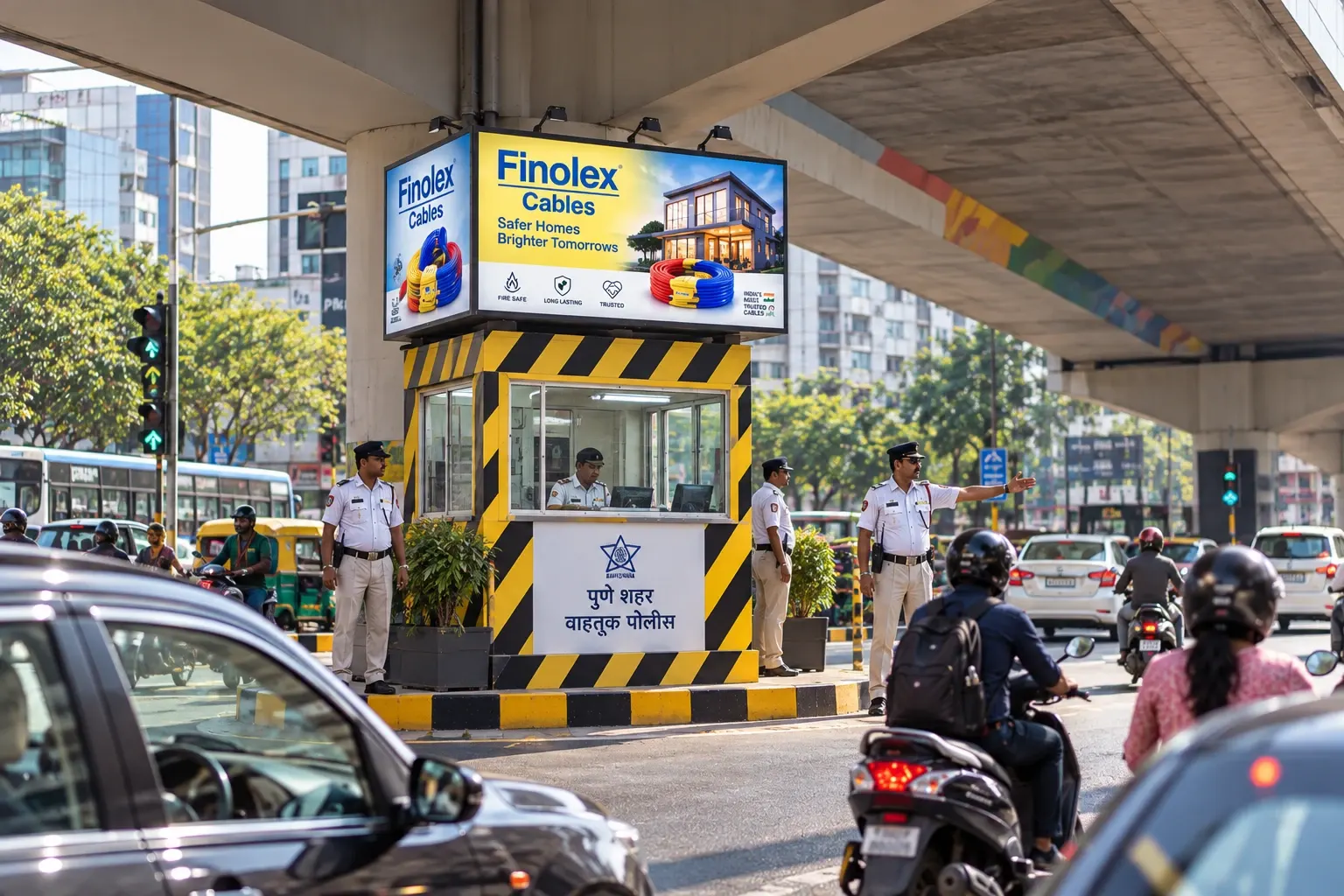 A traffic booth at a city junction with a lit advertising box on top