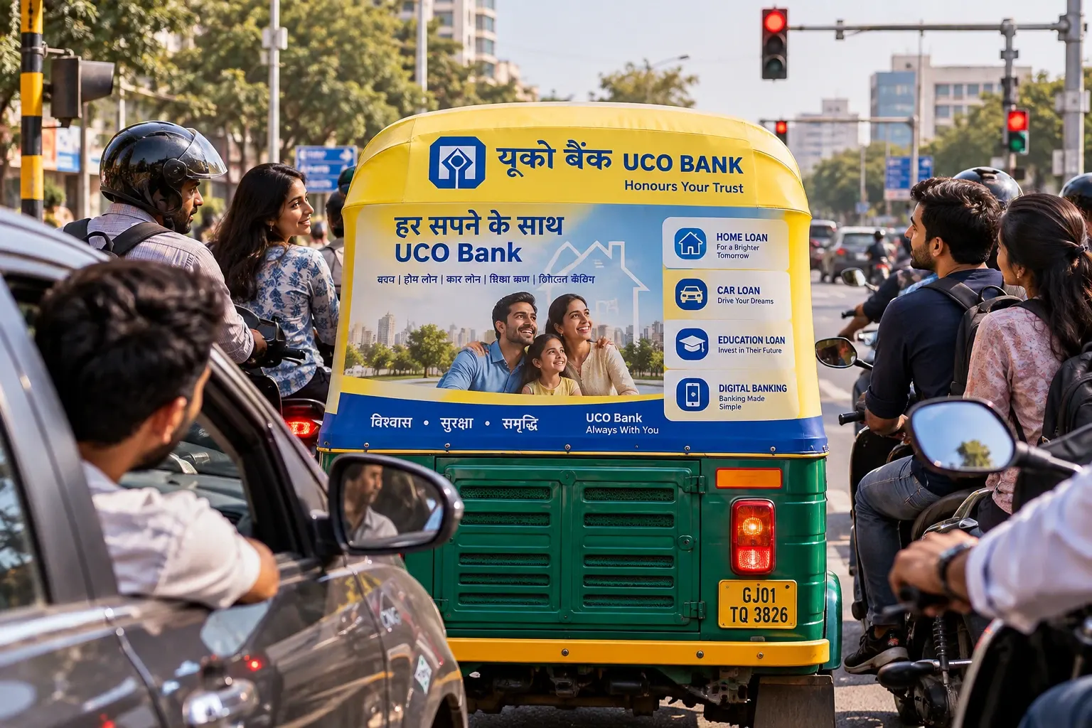 An auto-rickshaw with a branded rear hood in busy city traffic